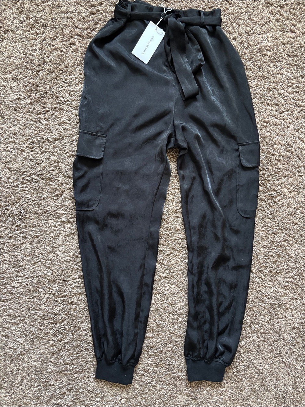 Lovers + Friends Black Frida Satin Cargo Joggers